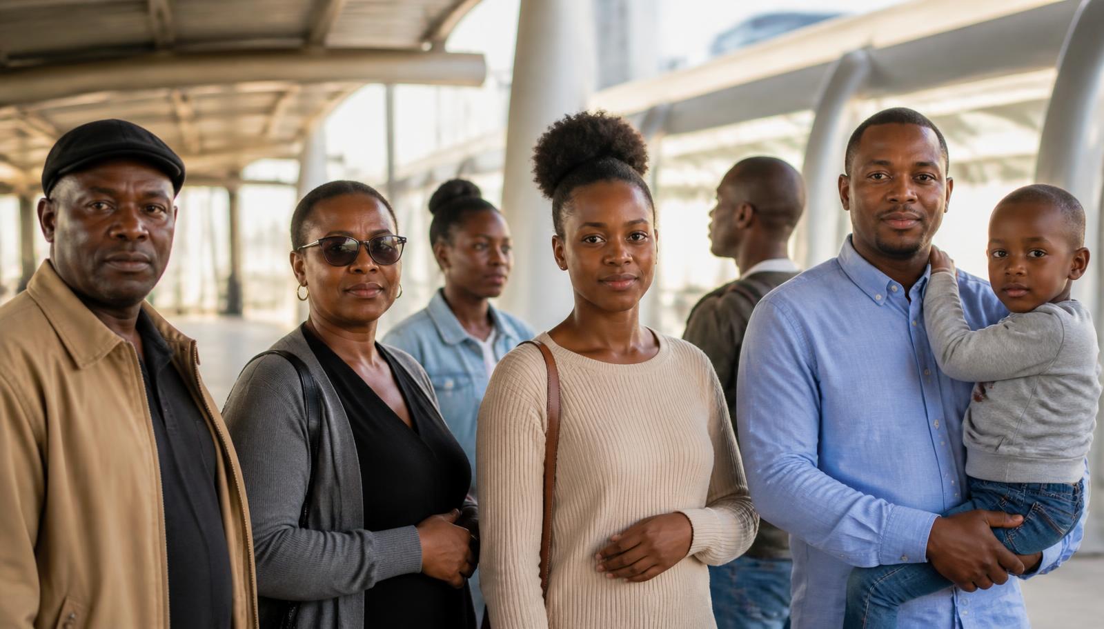 A diverse group of adults and a family standing together in a South African transit setting