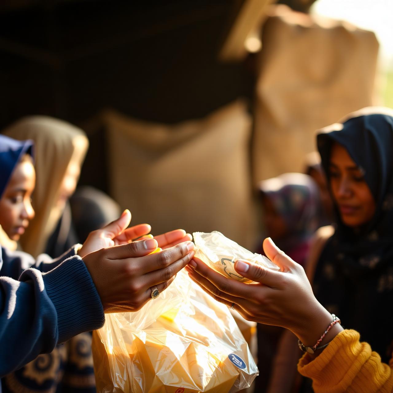 Hands sharing a food parcel with a family